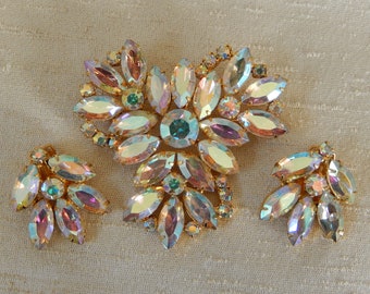 Aurora Borealis Brooch Vintage - Brooch & Earrings Parure Set - Mid Century Brooch - 3 Piece Jewelry Set - Aurora Borealis Pink Brooch