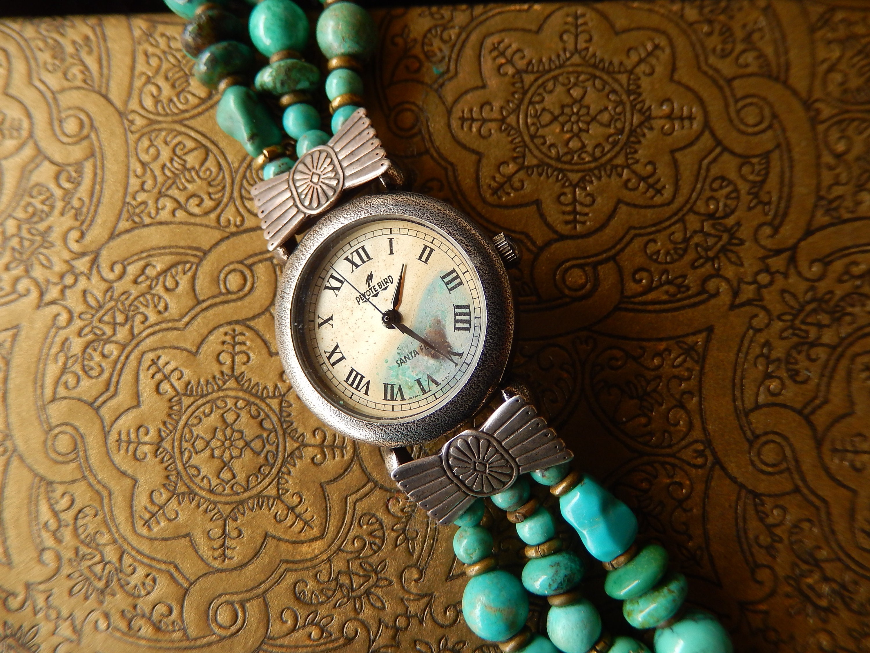 Peyote bird Santa Fe watch multi color Peyote Bird Turquoise Face Watch with Brown Leather Band  main image 2