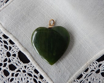 Estate Jade Heart - Large Vintage Jade Heart Pendant - Dark Green Jade and Gold Heart - 1 1/2" Jade Love Heart - Jade Jewelry