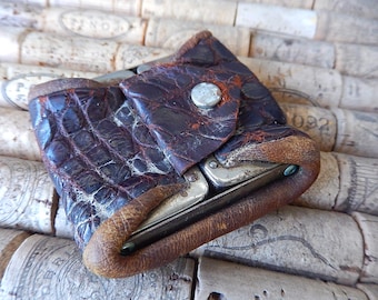 Antique Leather Folding Coin Purse - Vintage 1930s Money Pouch - Folding Snap Closure Brown Leather Change Purse