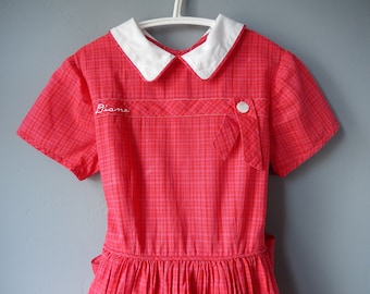 Vintage Childs Dress - 1950s "Diane" Dress - Red and White Vintage Girls Dress - Size 6-7 Girls Dress - Red Plaid Vintage School Dress