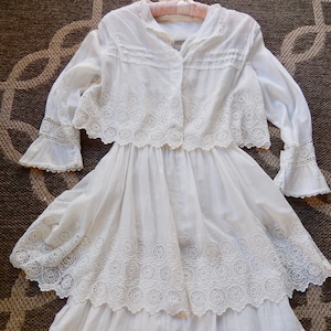 Victorian Dress - Two Piece Cotton Victorian Dress - 19th Century White Embroidered Walking Dress - Antique  Size Small Victorian Dress