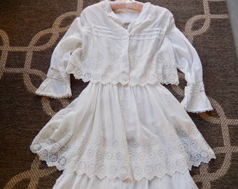 Victorian Dress - Two Piece Cotton Victorian Dress - 19th Century White Embroidered Walking Dress - Antique  Size Small Victorian Dress