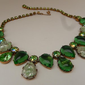 Vintage Regency Green Uranium Necklace - 1960s Signed Sparkling Rhinestone Necklace - Rhinestones & Fire Opal Mid Century Necklace