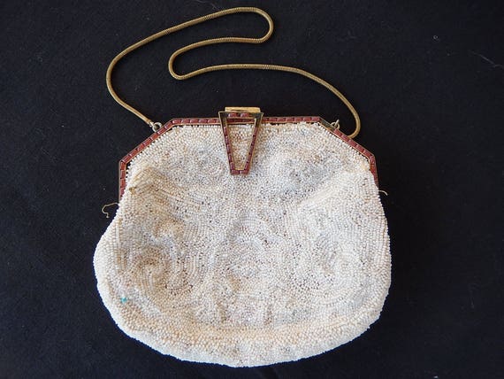 Antique Micro Beaded Purse - White Micro Beaded P… - image 10