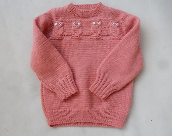 Hand Knit Baby Sweater - Vintage Owl Design Sweater - Pink Hand Made Toddler Sweater - Owls Vintage Baby Sweater - Baby Sweater