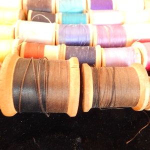 Pu&ograve; includere: Primo piano di bobine di filo di legno in vari colori, tra cui nero, marrone, rosso, rosa, blu e giallo. Le bobine sono disposte in fila, con le bobine di filo nero e marrone in primo piano. Le bobine sono etichettate con "THREAD CO. A"