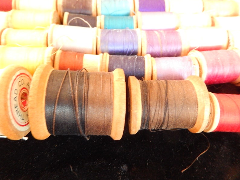 Pu&ograve; includere: Primo piano di bobine di filo di legno in vari colori, tra cui nero, marrone, rosso, rosa, blu e giallo. Le bobine sono disposte in fila, con le bobine di filo nero e marrone in primo piano. Le bobine sono etichettate con "THREAD CO. A"