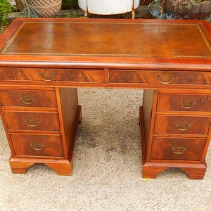 Antique Leather Top Desk - Flat Top Executive Desk - 8 Drawers Writing Desk - Vintage Office Furniture - Mahogany 2 Pedestal Desk