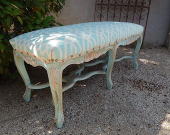 French Provincial Bench - Painted Upholstered End of Bed Bench - Vintage Entry Bench - French Country Rustic Distressed Bench