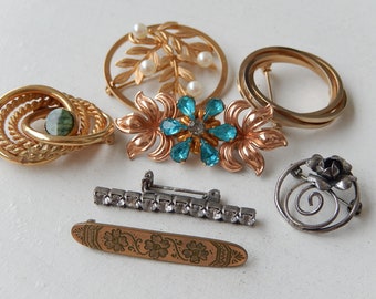 Lot of 7 Vintage Brooches - Mid Century and Victorian Brooches - Vintage Pins - Victorian Bar Pin - Circle Broaches - Estate Jewelry