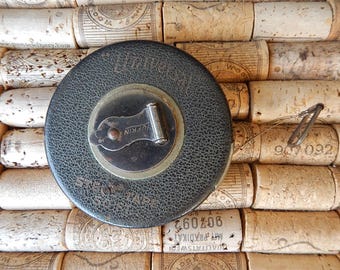 Antique Lufkin Universal Tape Measure - 1930s Lufkin Steel Tape Measure - 50 Ft. Retractable Wind Up Leather Tape Measure