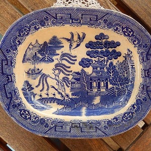 English Transfer Ware Platter - English Blue Willow Rectangular Oval Platter - Antique Blue Willow Transfer Ware - Rare Blue Willow Dish