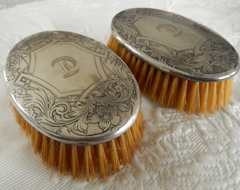 Sterling Silver Vanity Brushes - Pair Victorian Grooming Brushes - Art Nouveau and Monogramed Silver Antique Brushes - Rare Vanity Set
