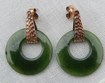 Circle Hoop Jade and 14K Gold Earrings - Estate Jade Earrings - Dark Green Jade and Gold Earrings - Vintage Jade and Gold Earrings