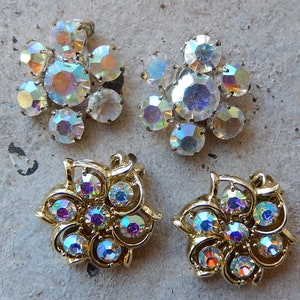 Vintage Clip On Earrings - Clear Rhinestone Earrings - 2 Pairs Mid Century Earrings - Sparkling Crystal Earrings - Fashion Earrings