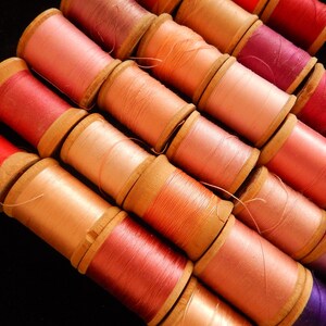 Pu&ograve; includere: Una collezione di bobine di filo in varie tonalit&agrave; di rosa, rosso e viola. Le bobine sono in legno e hanno un aspetto vintage.