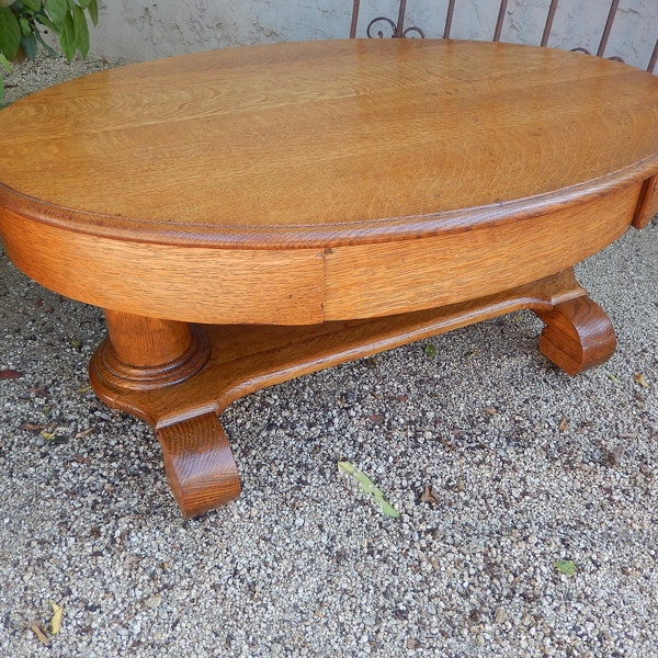 Antique Oak Coffee Table - Oval American Empire Tiger Oak Coffee Table - 1900s Oak Columns/Drawer Rare Coffee Table  - Table on Wheels