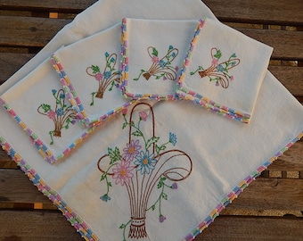 Linen Tablecloth & Napkins - Hand Embroidered Small Tablecloth with 4 Matching Napkins - Embroidered Basket Motif - Vintage Textiles