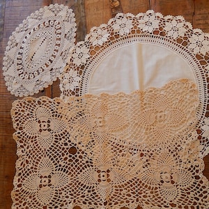 Lot of 3 Crocheted Doilies - Antique Doilies - Hand Crocheted Various Sized Doilies  - Vintage White Doilies - Vintage Linens - Hand Crochet