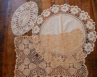 Lot of 3 Crocheted Doilies - Antique Doilies - Hand Crocheted Various Sized Doilies  - Vintage White Doilies - Vintage Linens - Hand Crochet