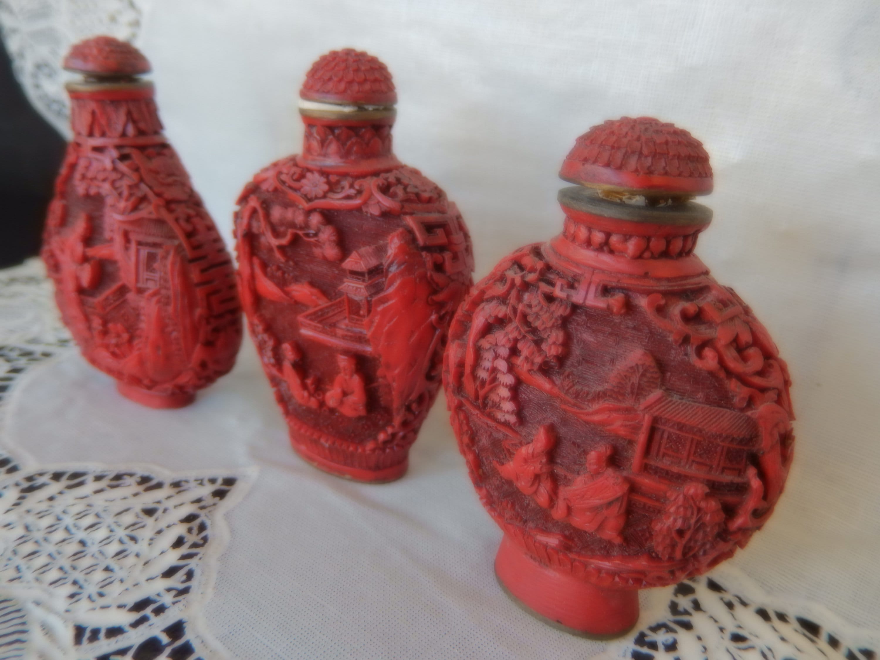 Chinese Antique Carved Snuff Perfume Bottle Signed Village Scene People  Trees