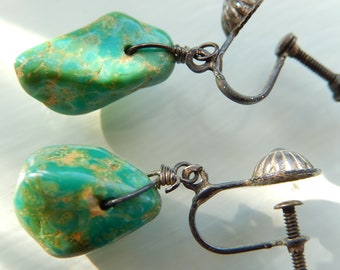 Turquoise Nugget Earrings - Vintage Sterling Turquoise Earrings - Silver Screw On Turquoise Nugget Earrings - Vintage Earrings