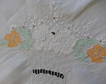 Small French Linen Tablecloth - 50 x 50 Basket Design Tablecloth - Vintage Art Deco Tablecloth - Embroidered Linen Tablecloth