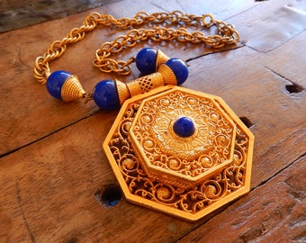 Vintage Onik Necklace - Onik Sahakian Designer Necklace - Vintage Statement Piece - Blue and Gold Tone Chunky Necklace - Vintage Jewelry