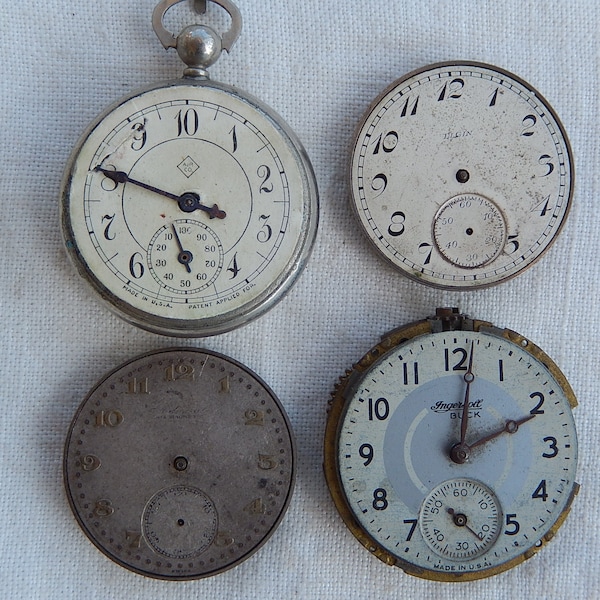 Vintage Pocket Watch Parts - Lot of 4 Steampunk Supplies - Faces & Movements/Repair/Repurposing/Jewelry/Collage/Parts/Mixed Media/PKW19