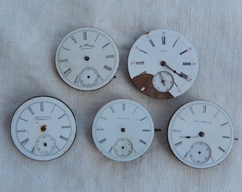Vintage Pocket Watch Parts - Lot of 5 Steampunk Supplies - Faces & Movements/Repair/Repurposing/Jewelry/Collage/Parts/Mixed Media/PkW17