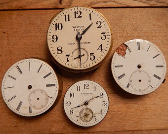 Vintage Pocket Watch Parts - Lot of 4 Steampunk Supplies - Faces & Movements/Repair/Repurposing/Jewelry/Collage/Parts/Mixed Media/PKW7