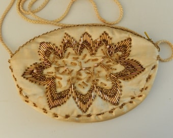 Vintage Beaded Bag - Gold Beaded Purse - Shoulder Strap Beaded Purse - Mid Century Hong Kong Purse - Beads and Pearls Clutch - Antique Bag