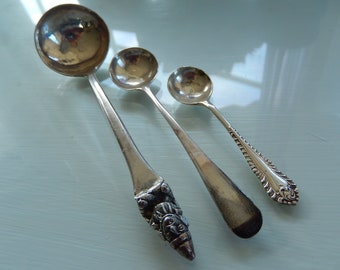 3 Sterling Silver Spoons - Lot of 3 Tiny Silver Spoons - 1 Small Ornate Silver Ladle plus 2 tiny Sugar Spoons - Hallmarked Silver Spoons