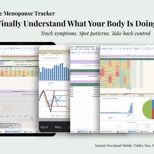 Könnte beinhalten: Ein digitaler Menopause-Tracker, der auf einem Tablet angezeigt wird und verschiedene Diagramme und Grafiken zur Symptomverfolgung und Musteranalyse zeigt. Der Text lautet: "Endlich verstehen, was Ihr Körper tut." Enthält den Text "Symptome verfolgen. Muster erkennen. Die Kontrolle übernehmen."