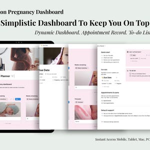 Puede incluir: Un panel de control digital de embarazo en una tableta. La interfaz es rosa claro y blanca, con secciones para fechas de parto, citas y listas de tareas. El texto incluye "Notion Pregnancy Dashboard" y "Simplistic Dashboard To Keep You On Top."