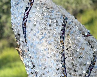 Manta Handira color marfil hecha a mano – Manta de boda marroquí con lentejuelas – Regalo de decoración de boda bohemia