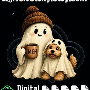 Könnte beinhalten: Eine digitale Grafikillustration mit einem Geist, der eine braune Strickmütze trägt und eine braune Tasse mit dem Text MEH hält, neben einem kleinen braunen Hund in einem weißen Geisterlaken-Kostüm vor schwarzem Hintergrund mit Text.