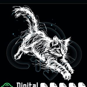 May include: A white digital line art illustration of a cat pouncing against a black background. The text https://atlasdigimap.etsy.com appears at the top, with the words Digital download and file format icons PNG, SVG, EPS, AI, and PDF below.