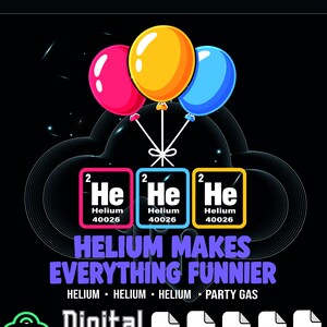 Puede incluir: Un gráfico digital con tres globos en rosa, amarillo y azul, cada uno atado a una caja de elemento de la tabla periódica etiquetada como He para Helio. El texto dice HELIUM MAKES EVERYTHING FUNNIER, HELIUM, HELIUM, HELIUM, PARTY GAS y Digital download.
