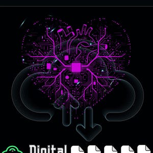 Peut inclure: Un graphique numérique représentant une forme de cœur composée de lignes de circuit imprimé violettes et de composants électroniques sur fond noir. Sous le cœur, deux flèches et le texte Digital download avec des icônes PNG, SVG, EPS, AI et PDF.