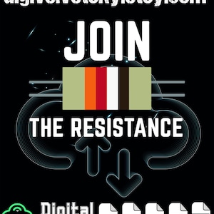 May include: A digital graphic design featuring the text JOIN THE RESISTANCE in white capital letters. A central rectangular element displays vertical stripes in olive, orange, red, white, and black. Below, the text Digital download appears with icons for PNG, SVG, EPS, AI, and PDF file formats.