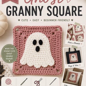 Peut inclure: Un modèle de crochet numérique pour un carré granny fantôme avec un fantôme blanc aux yeux et à la bouche noirs sur fond rose poudré. Le document contient du texte, des icônes pour un crochet de 4,5 mm, du fil, des ciseaux, une aiguille et des photos.