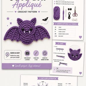 Peut inclure: Un document de modèle de crochet intitulé Yarn Scrap Friday Cute Bat Appliqué. Il présente une chauve-souris crochetée violette avec des yeux de sécurité noirs et des crocs blancs, ainsi que des sections pour le matériel et les instructions.