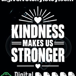 Può includere: Un design grafico digitale su sfondo nero con il testo bianco KINDNESS MAKES US STRONGER e un'icona a forma di cuore sopra e sotto il testo. In alto è visibile l'URL digivelvetsky.etsy.com e in basso sono presenti icone di file.