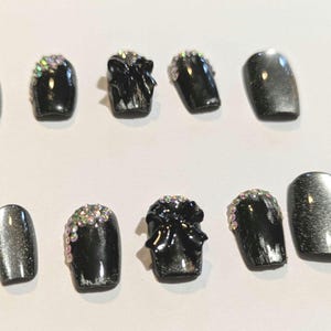 Handmade Black Goth Press On Nails | 3D Charms, Statement Set