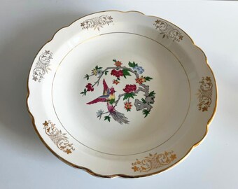 Piatto da portata vintage francese K&G Lunéville con decorazione "Uccello del Paradiso", in maiolica con motivi floreali, prodotto in Francia.