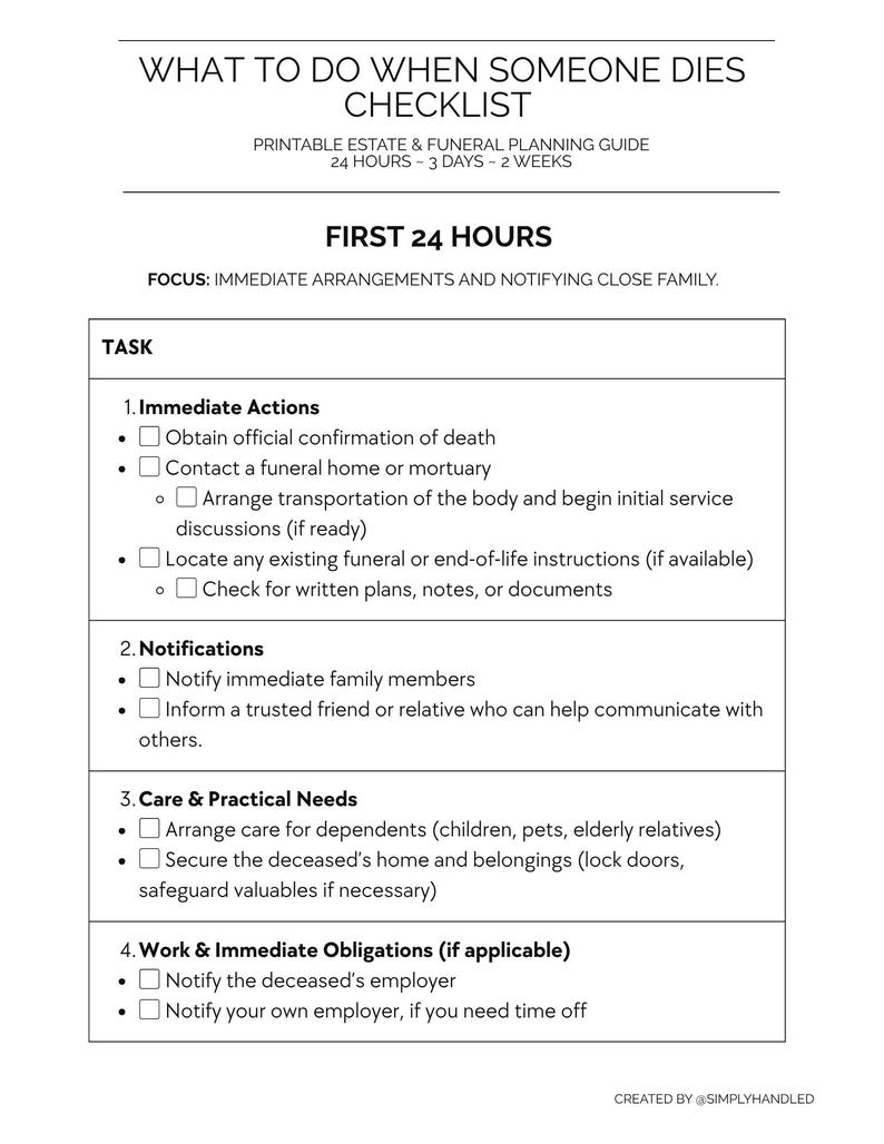 What to Do When Someone Dies Checklist | First 24 Hours, 3 Days, 2