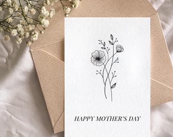 Minimalistiskt blommigt morsdagskort, hjärtlig present (digital nedladdning)