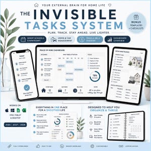 Op de afbeelding: Digitale plannerinterface met de tekst "The Invisible Tasks System". De afbeelding toont een telefoon, tablet en laptop met de functies van de planner, waaronder planning, huis- en autobeheer en een dashboardoverzicht. De planner is ontworpen om te helpen organiseren en te gedijen.